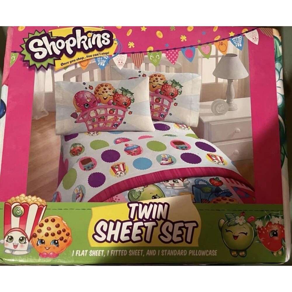 Shopkins Twin Sheet Set 1 Flat Sheet, 1 Fitted Sheet, 1 Standard Pillowcase NWT